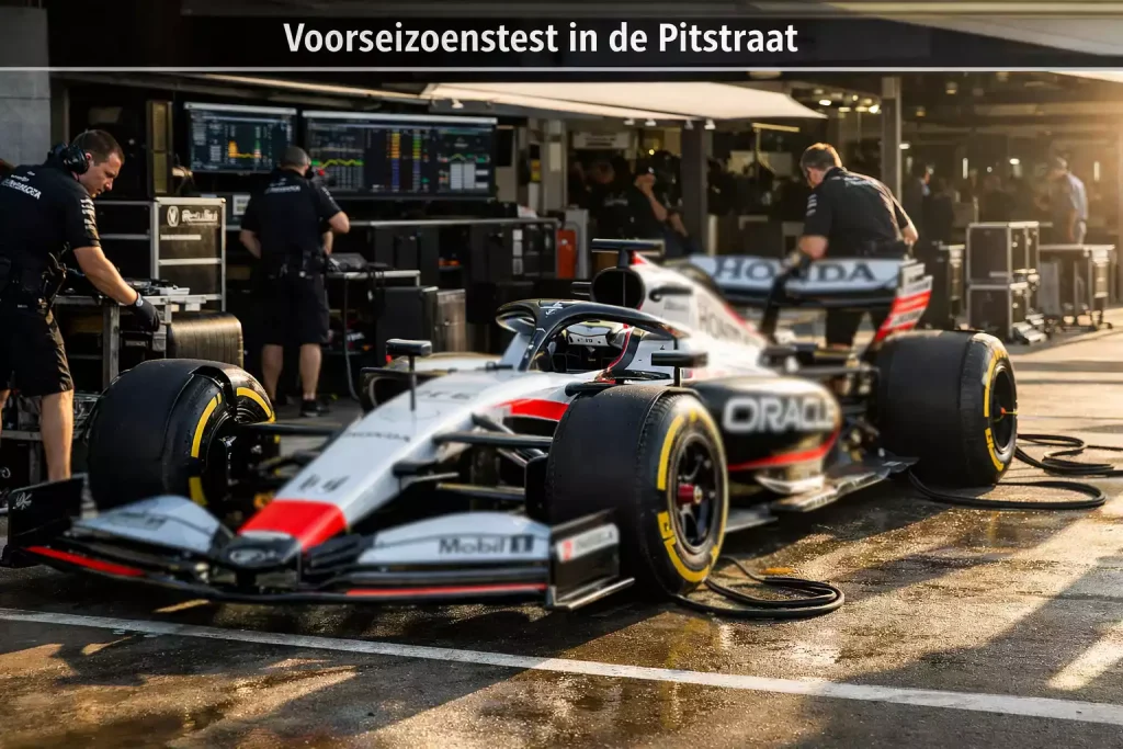 Nieuwe F1 auto in de pitlane bij de eerste tests