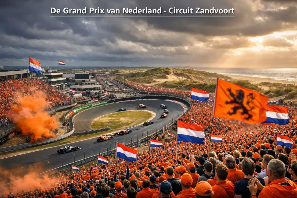 Circuit Zandvoort met oranje tribunes en Nederlandse vlaggen