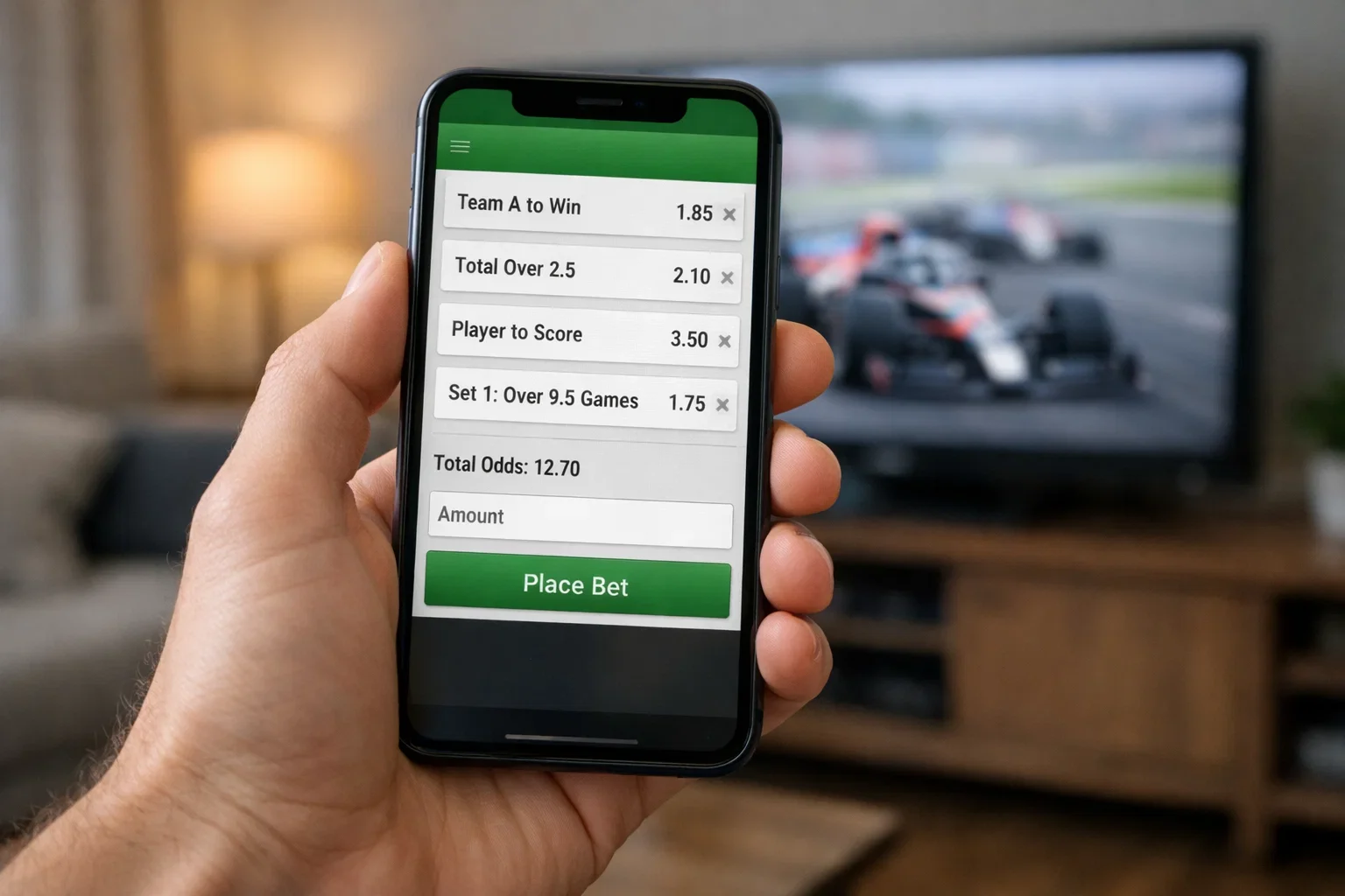 Hand houdt smartphone vast met meerdere F1 weddenschap selecties op het scherm