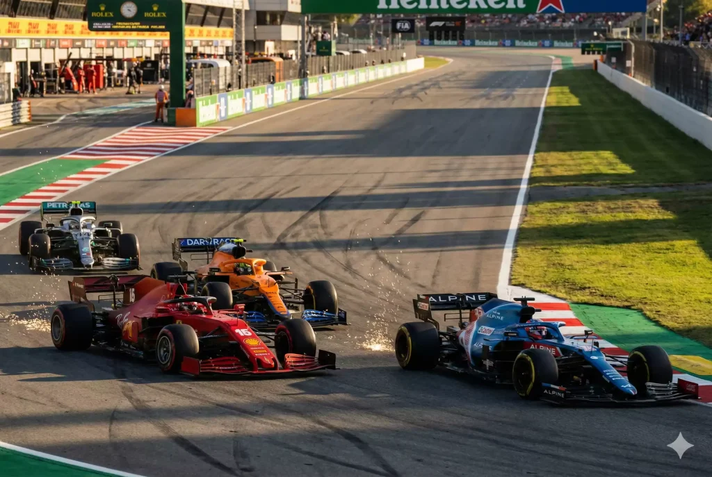 Meerdere Formule 1 auto's in gevecht op het circuit