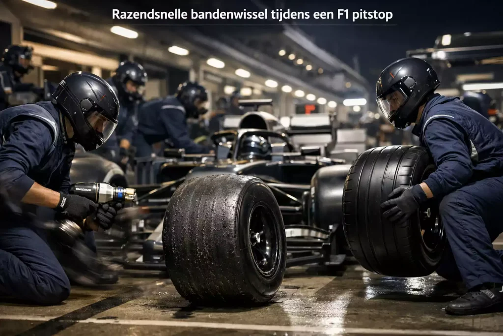 Formule 1 pitstop met monteurs die banden verwisselen in actie