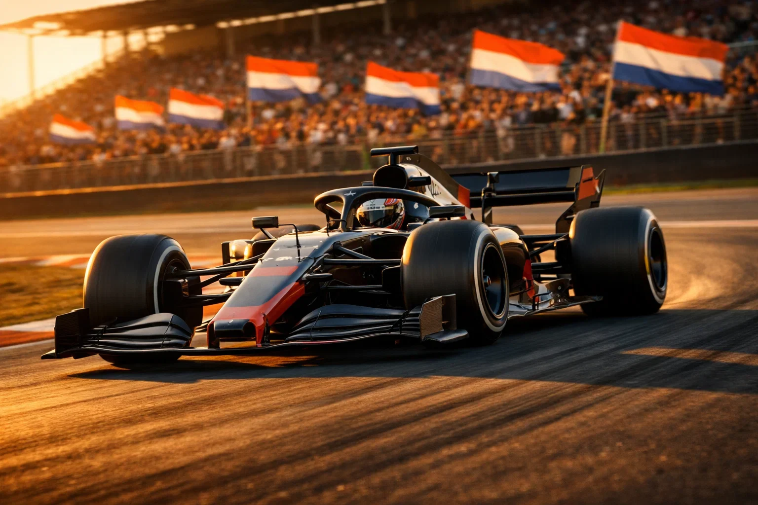 Formule 1 auto racet op circuit met Nederlandse vlaggen langs het parcours