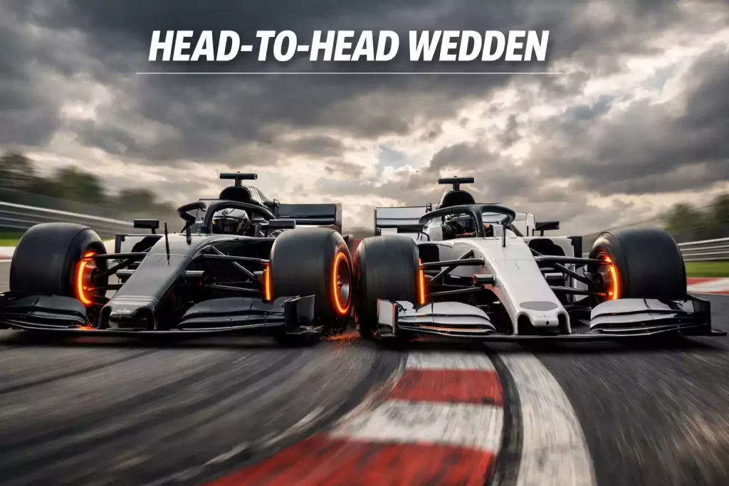 Twee Formule 1 auto's naast elkaar in bocht tijdens duel