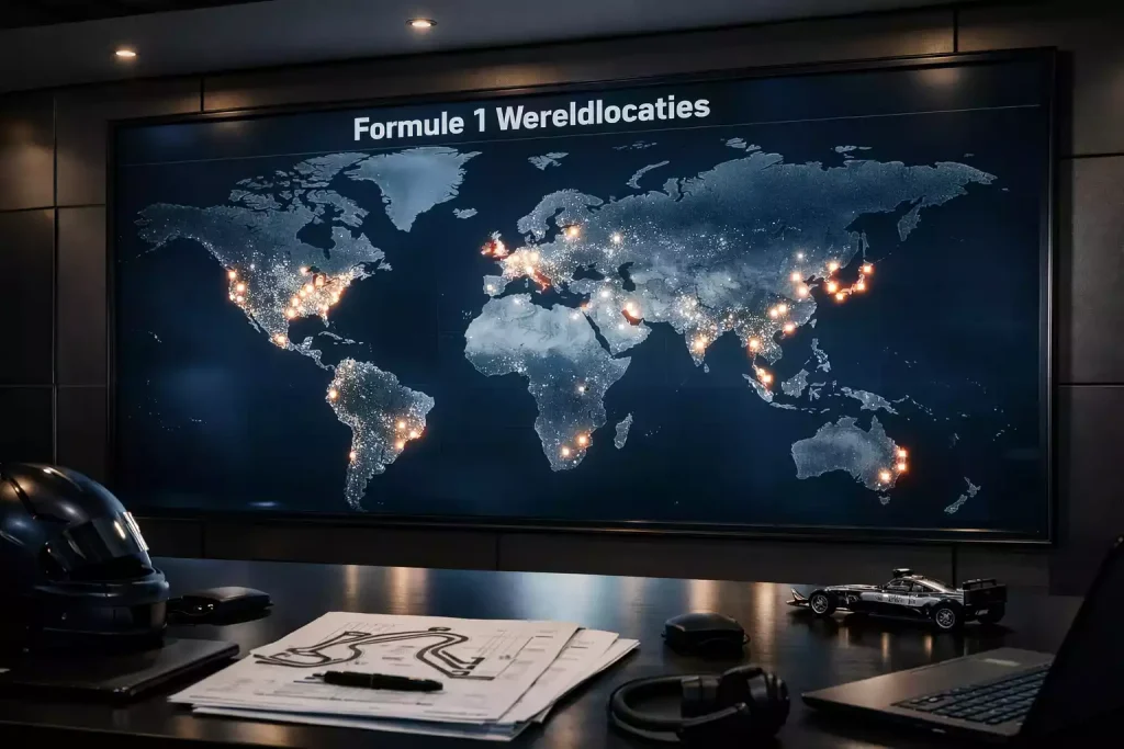 Wereldkaart met Formule 1 circuitlocaties gemarkeerd over continenten
