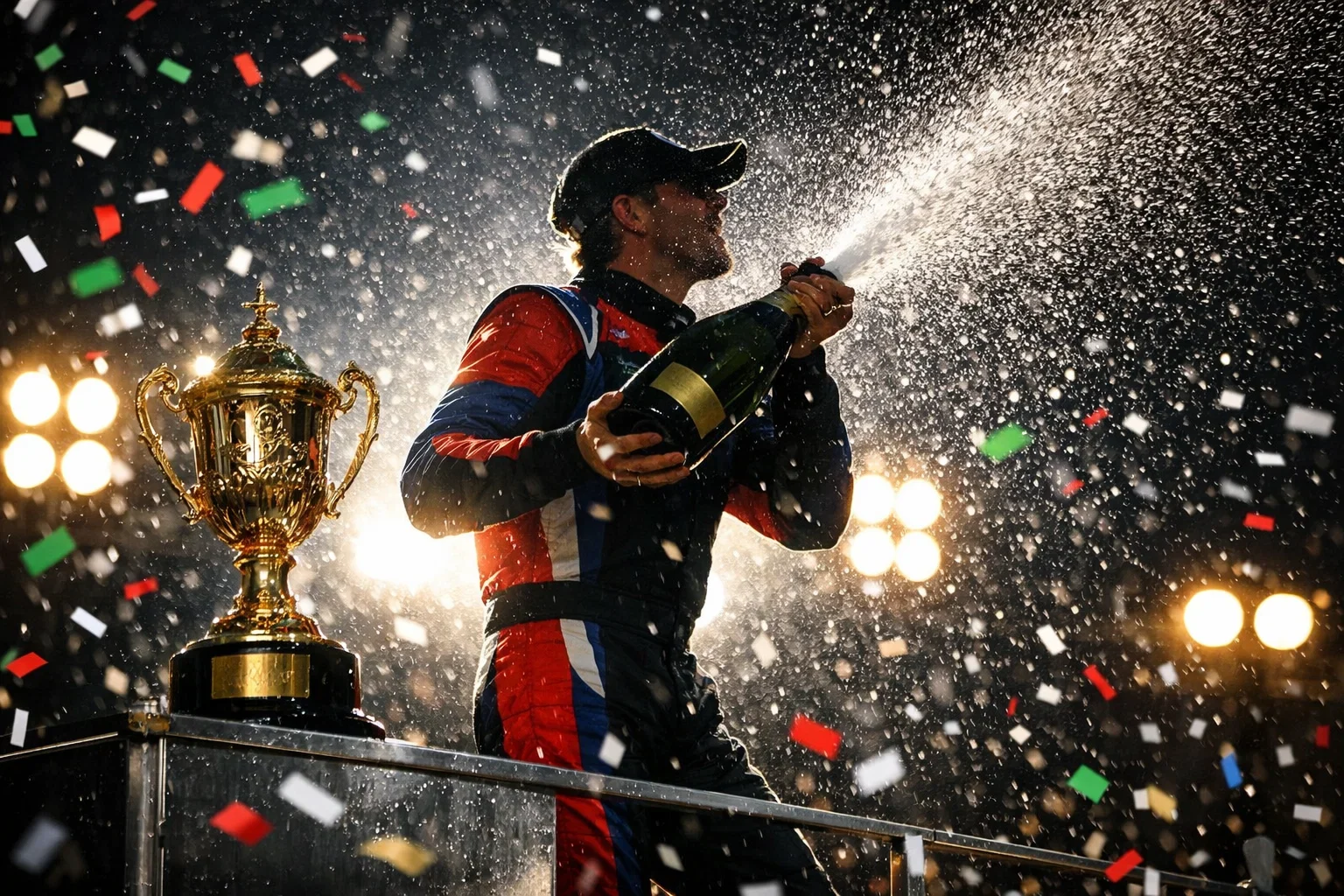 F1 coureur op het podium met champagnefles en kampioensbeker
