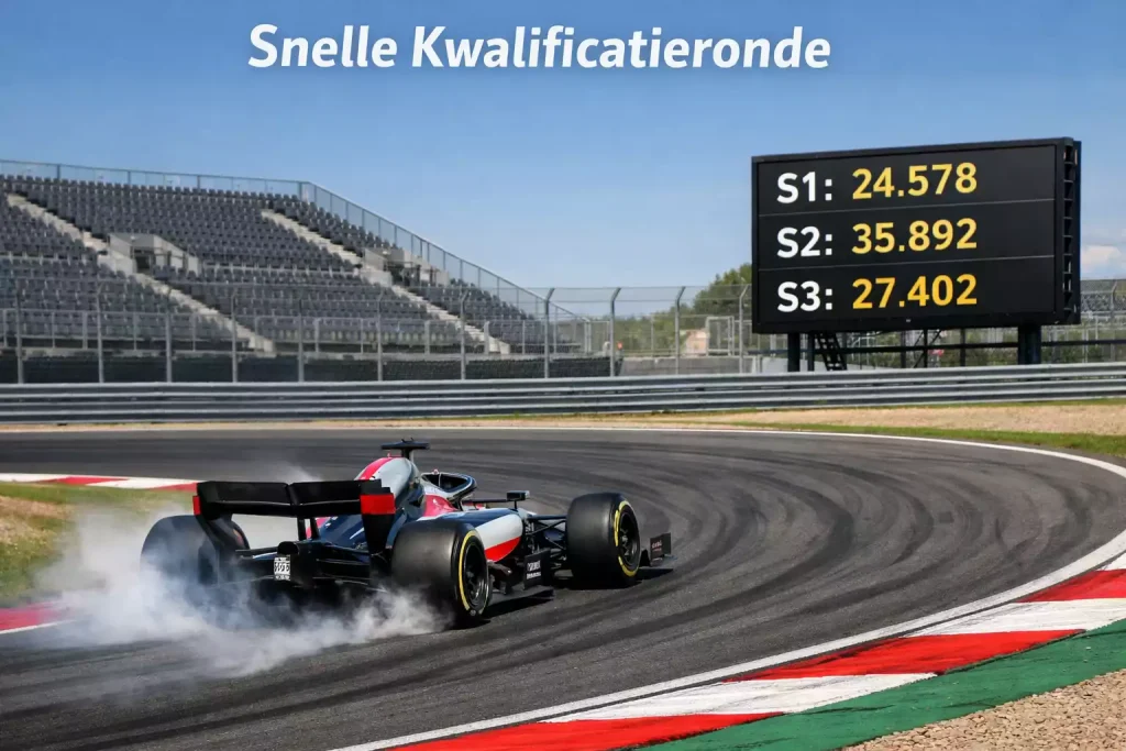 Formule 1 auto tijdens kwalificatie met tijdwaarneming bord