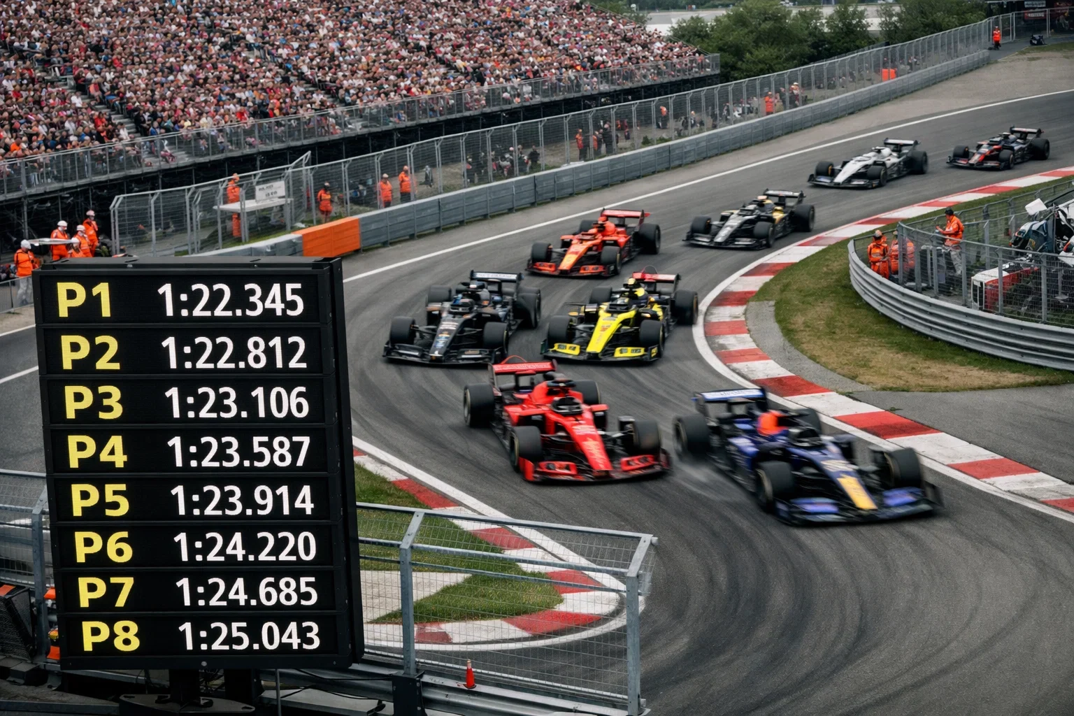 Formule 1 auto's in actie tijdens een live race met positiebord