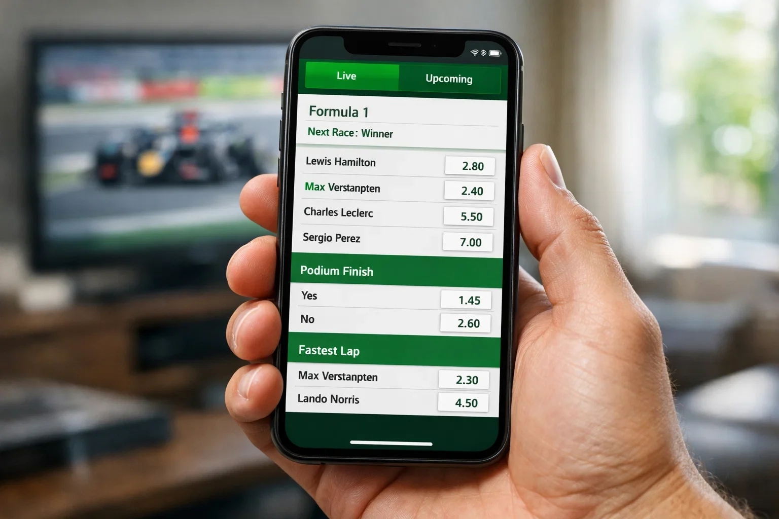 Smartphone toont live F1 weddenschap met realtime quoteringen tijdens race