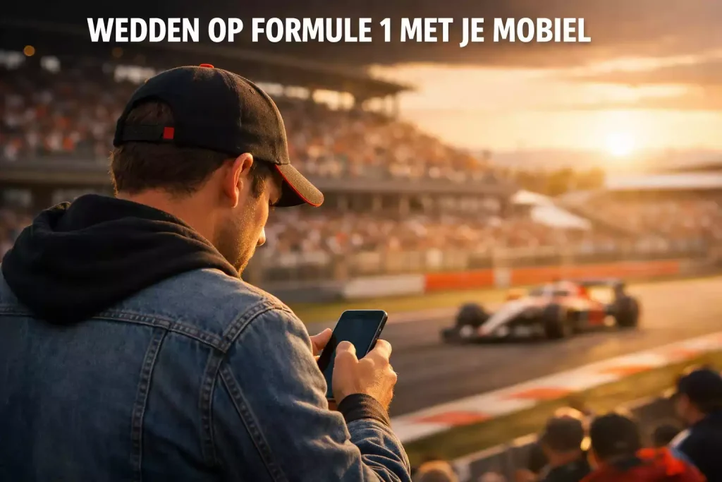 Formule 1 fan die race volgt op smartphone met stadion op achtergrond