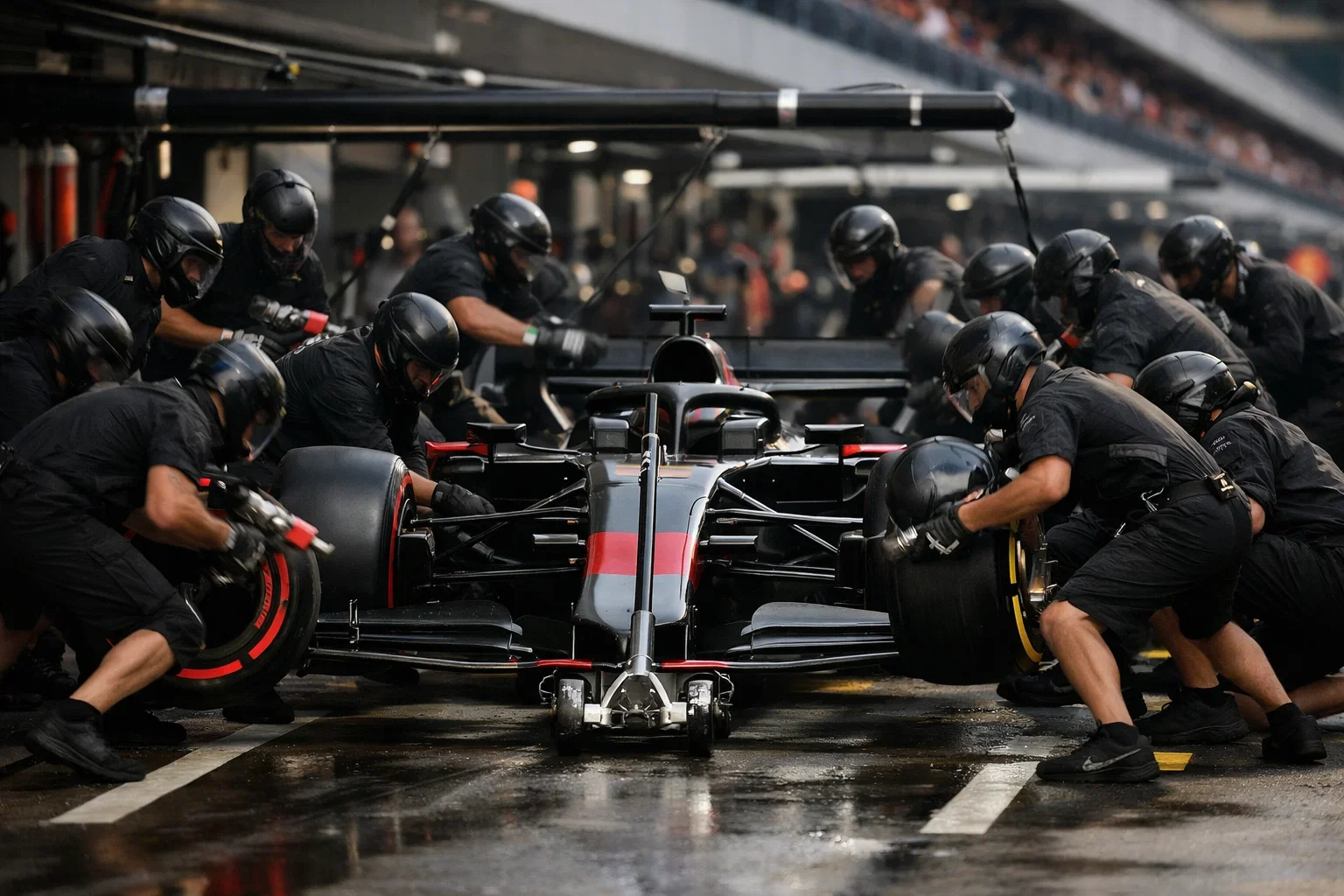 F1 pitstop met monteurs die banden wisselen tijdens een race