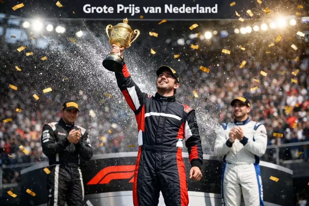 Formule 1 coureur op het podium met champagne en trofee