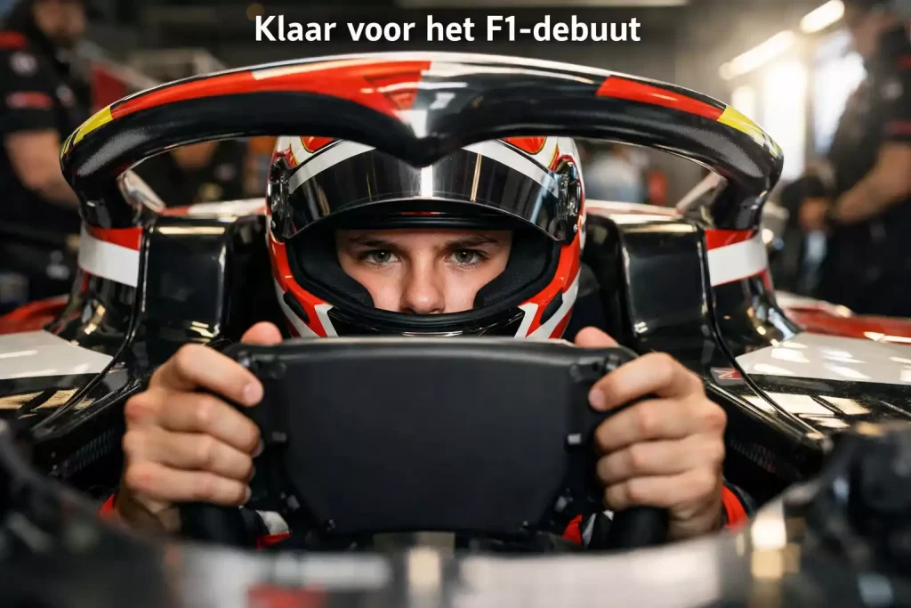 Jonge F1 coureur met helm in de cockpit van zijn auto