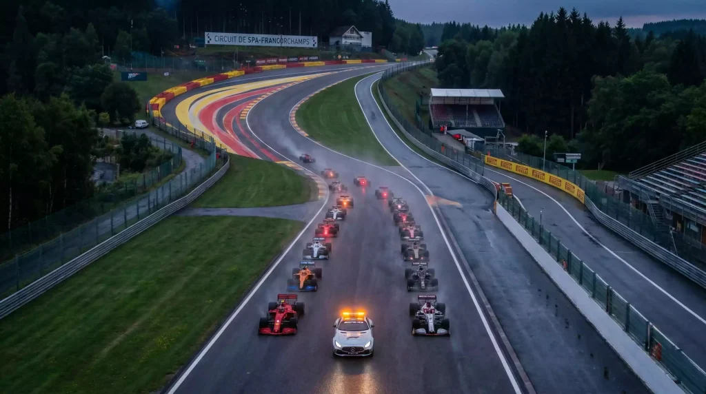 Formule 1 safety car met zwaailichten voor het veld