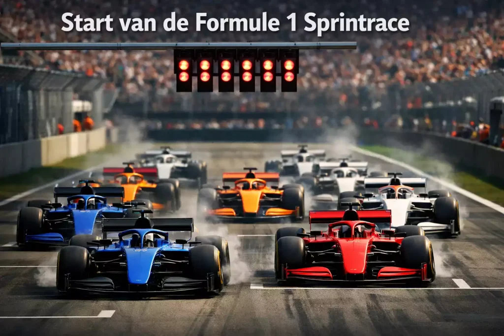 Formule 1 sprintrace start met auto's zij aan zij op startgrid