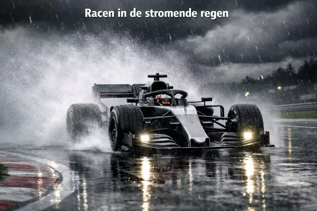 Formule 1 auto rijdt door regen op nat circuit met opspattend water