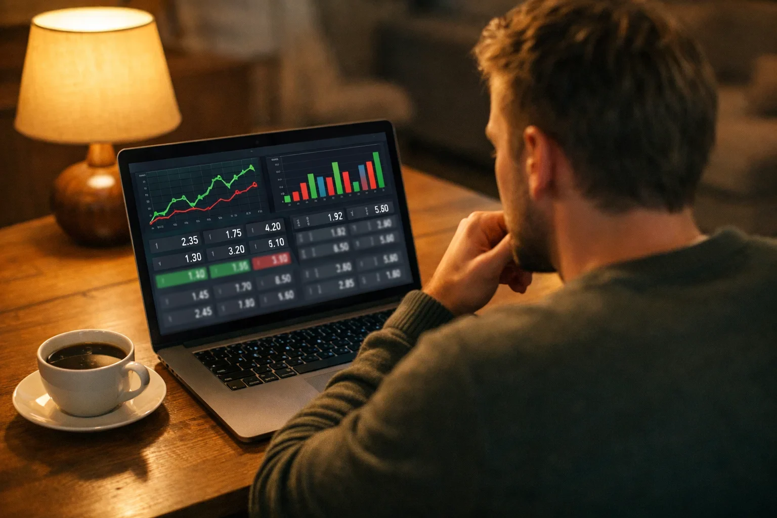 Man analyseert F1 weddenschappen op laptop met statistieken op scherm