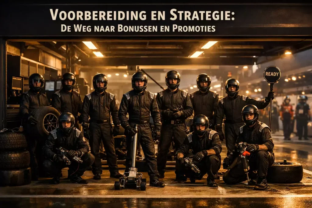 Formule 1 pitstraat met team dat klaarstaat voor pitstop