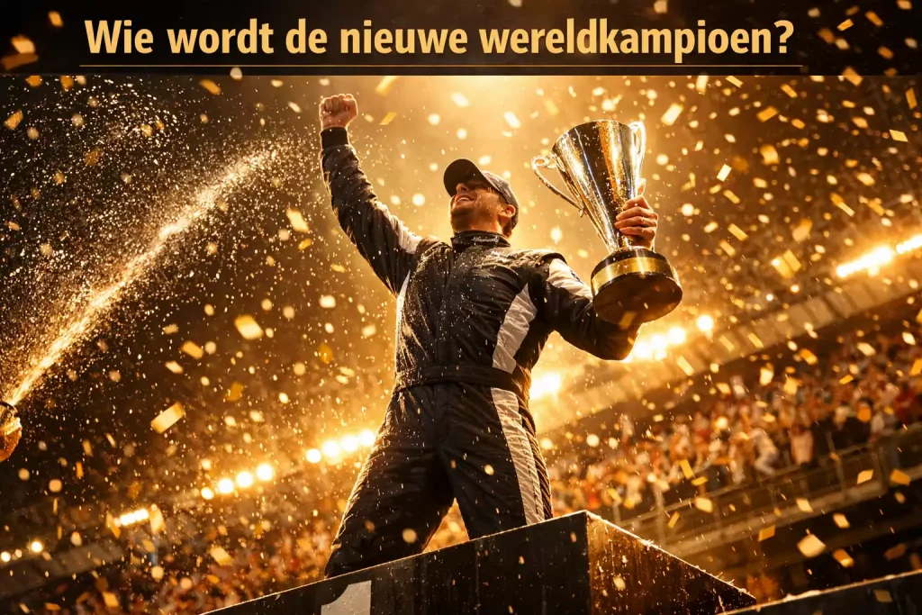 Formule 1 coureur op podium met champagne en trofee