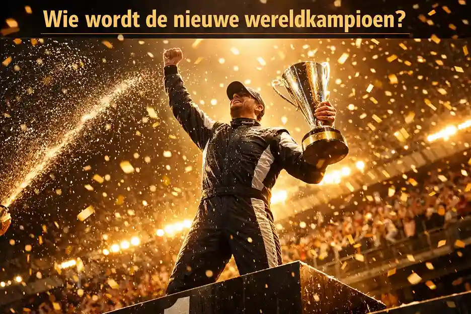 Formule 1 coureur op podium met champagne en trofee