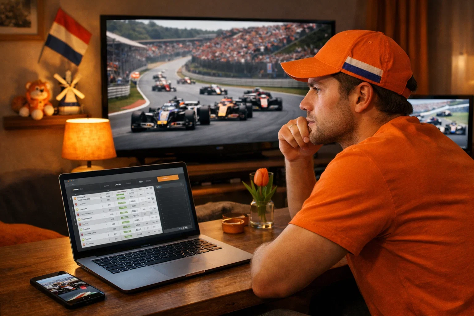 Nederlandse F1 fan bekijkt race op meerdere schermen met betting platform open