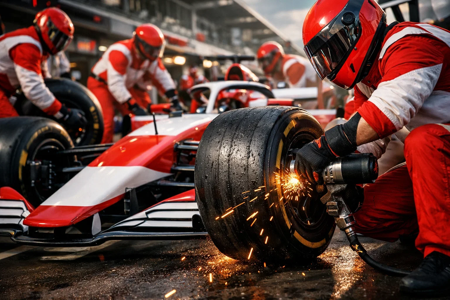F1 pitstop crew in actie tijdens bandenwissel met race strategie visualisatie