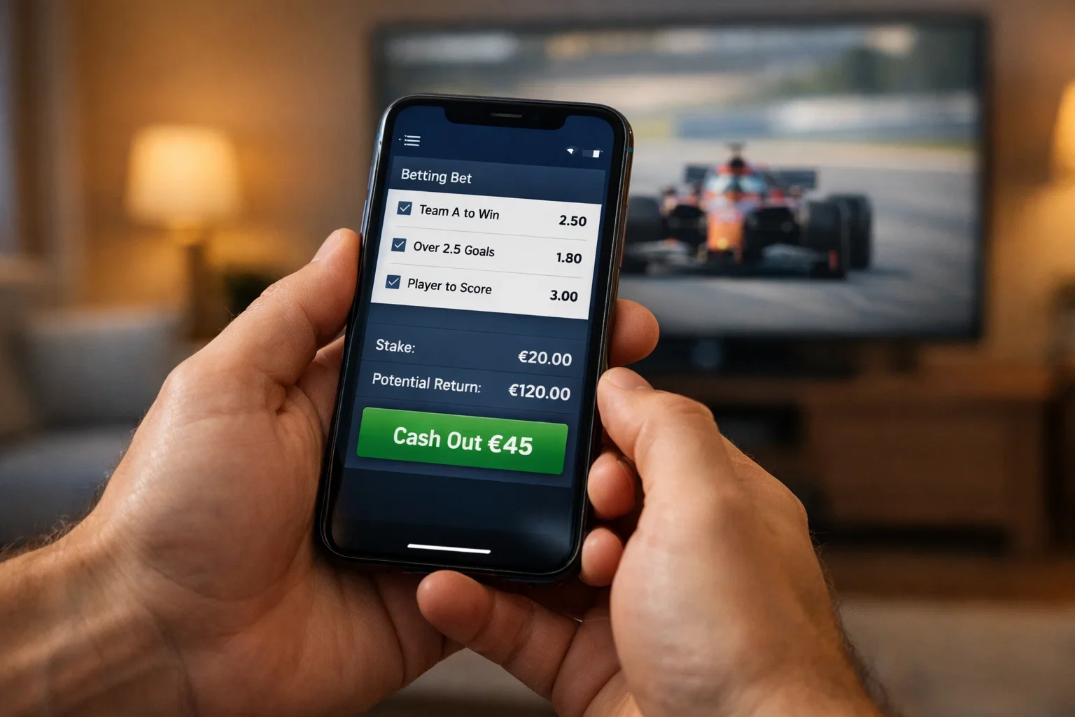 Persoon maakt cash-out beslissing op mobiel device tijdens F1 race kijken