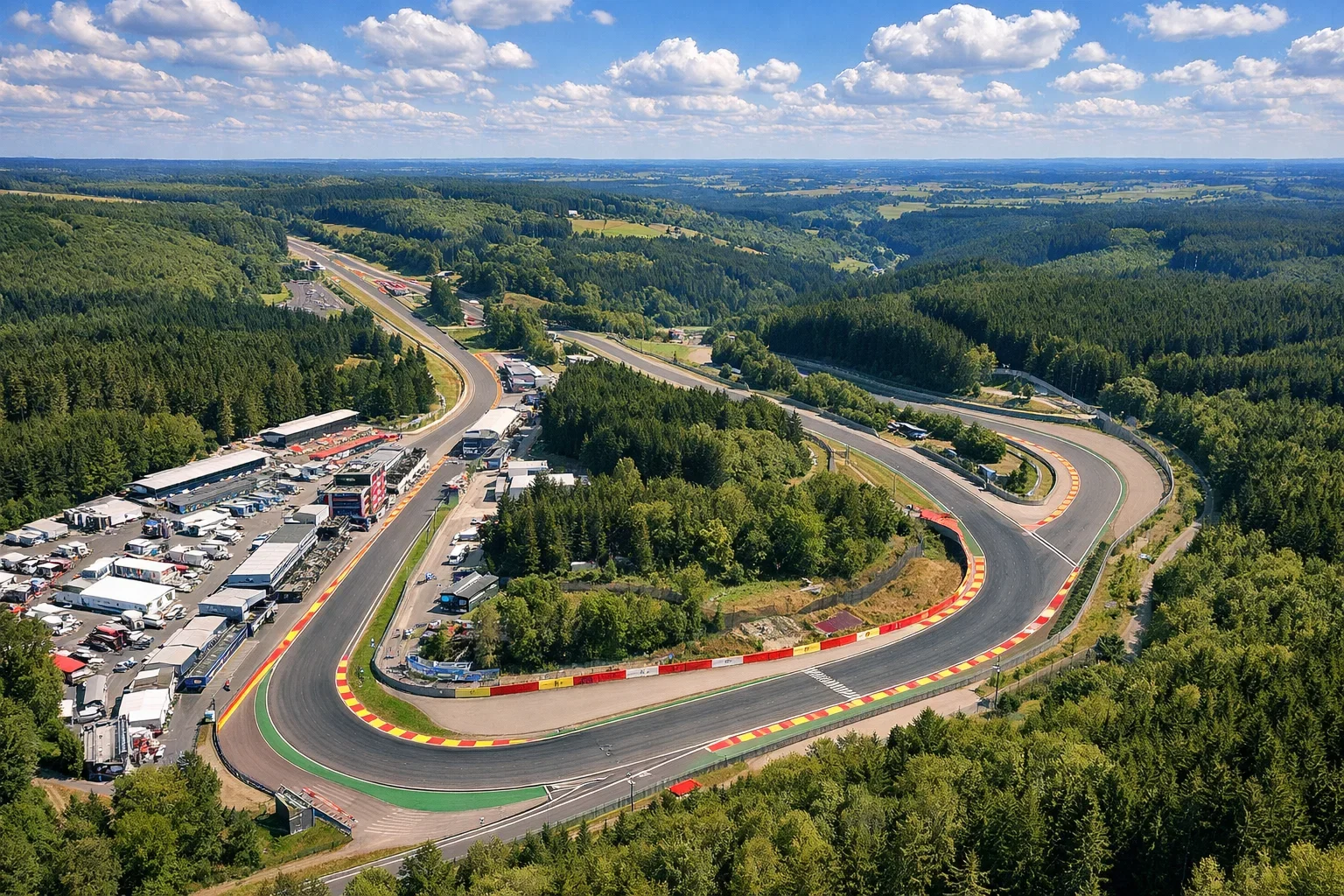 Formule 1 circuit vanuit de lucht gezien met verschillende bochttypes en zones