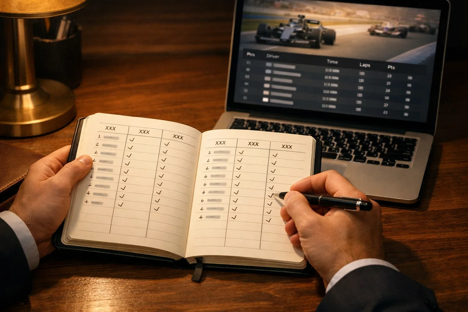 Gedisciplineerde wedder maakt notities in logboek tijdens F1 race analyse