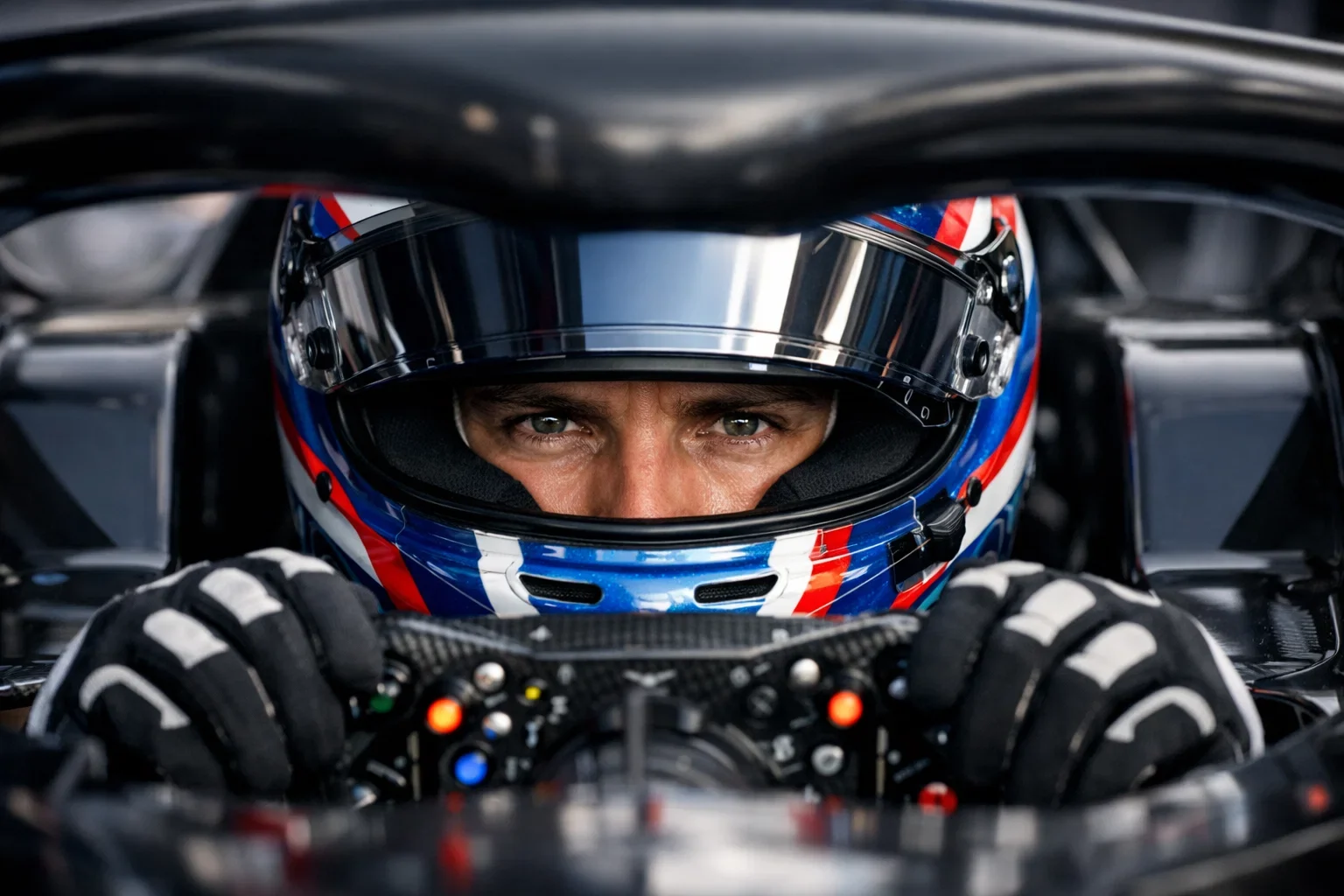 F1 coureur in cockpit geconcentreerd tijdens kwalificatie sessie