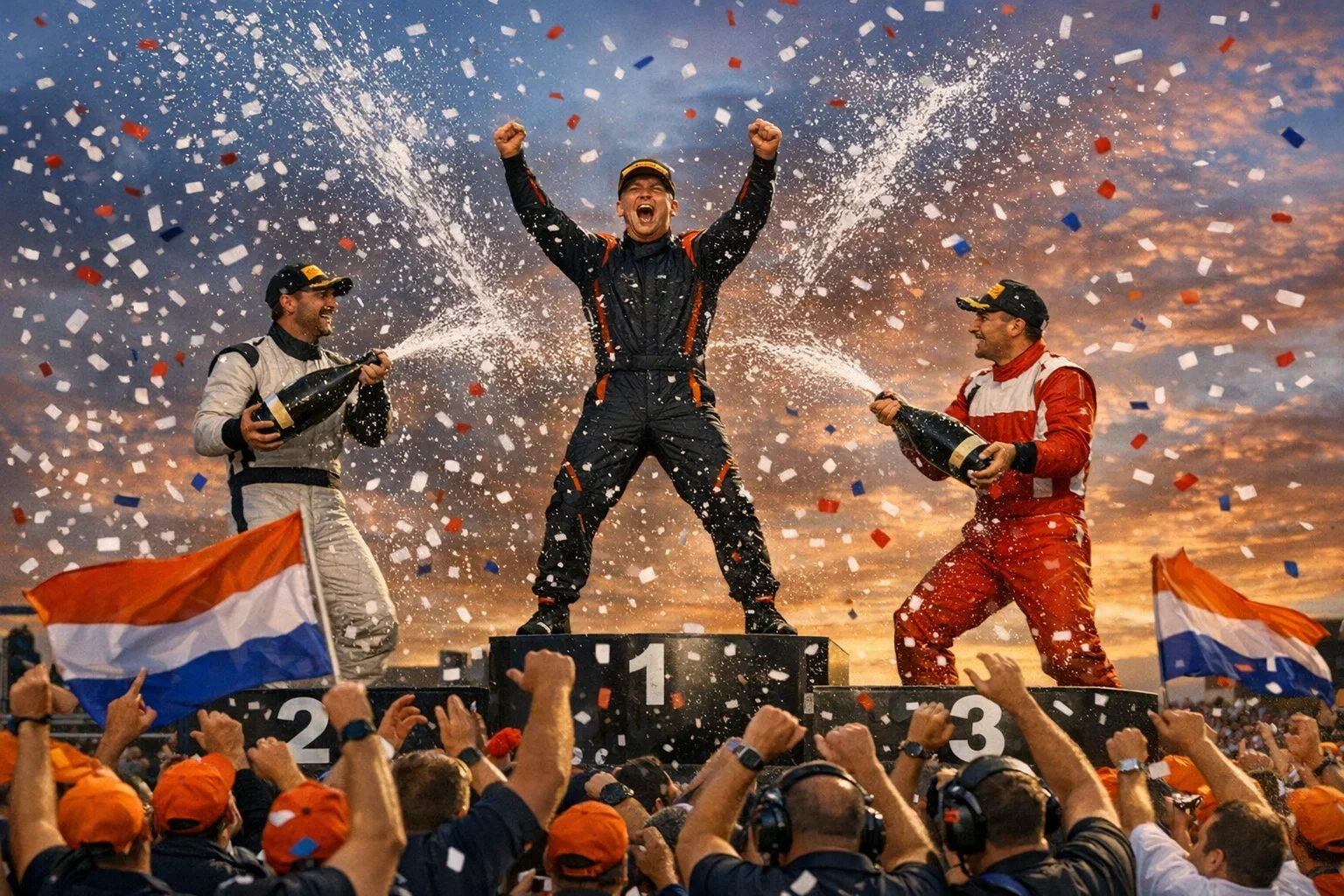 Formule 1 podium ceremonie met champagne en vlaggen na Grand Prix overwinning