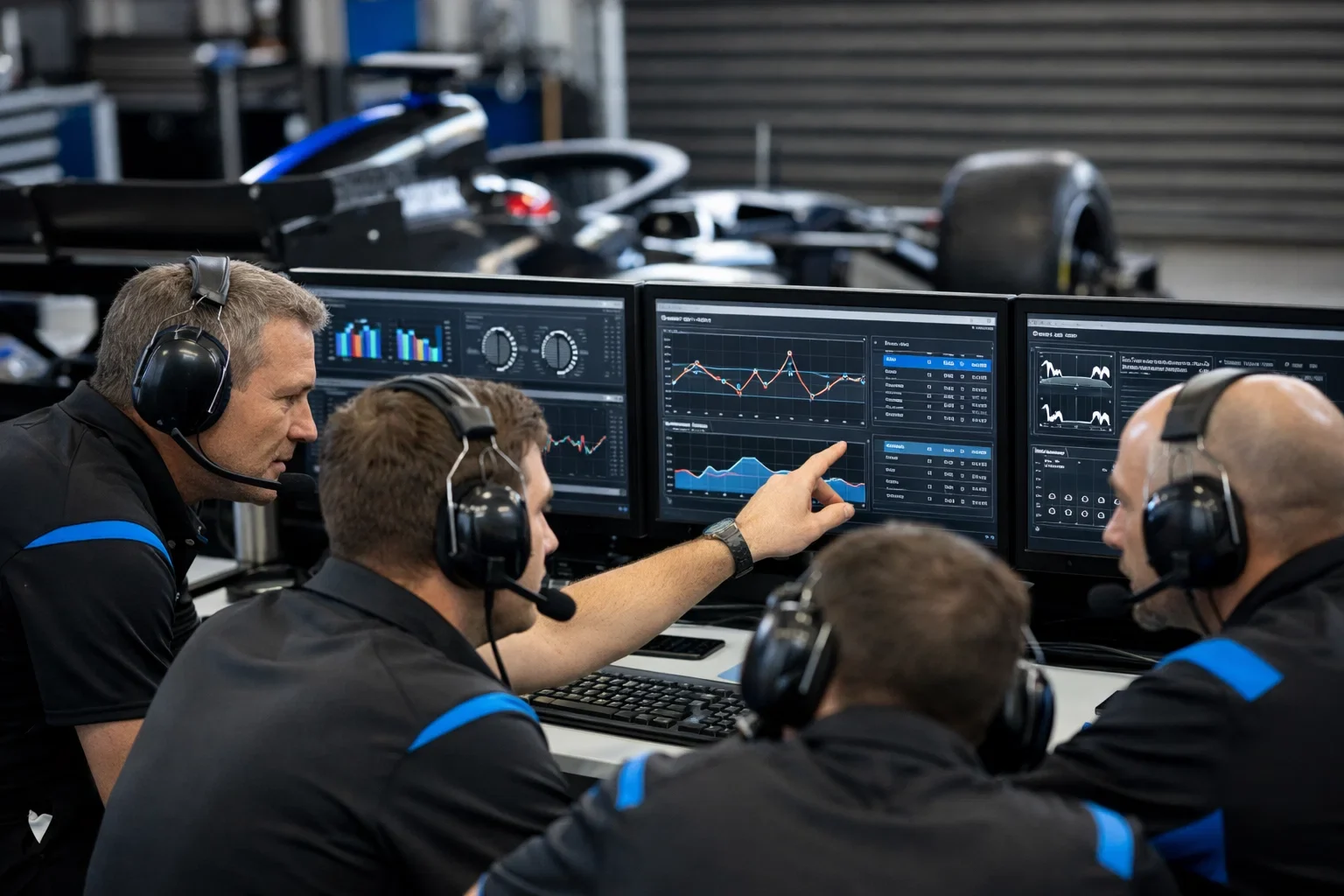 F1 technische analyse met team ingenieurs die auto data bestuderen