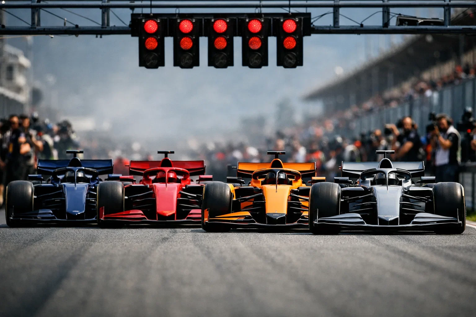 Meerdere F1 teams en auto's naast elkaar op startgrid voor vergelijking