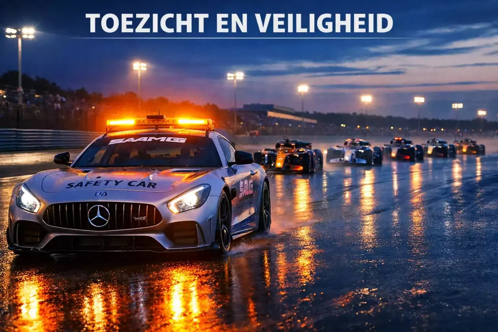 Formule 1 safety car voor het raceveld op verlicht circuit