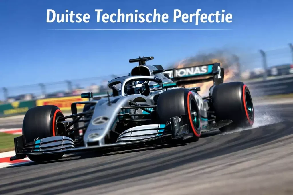 Zilveren Mercedes F1 auto in actie op het circuit