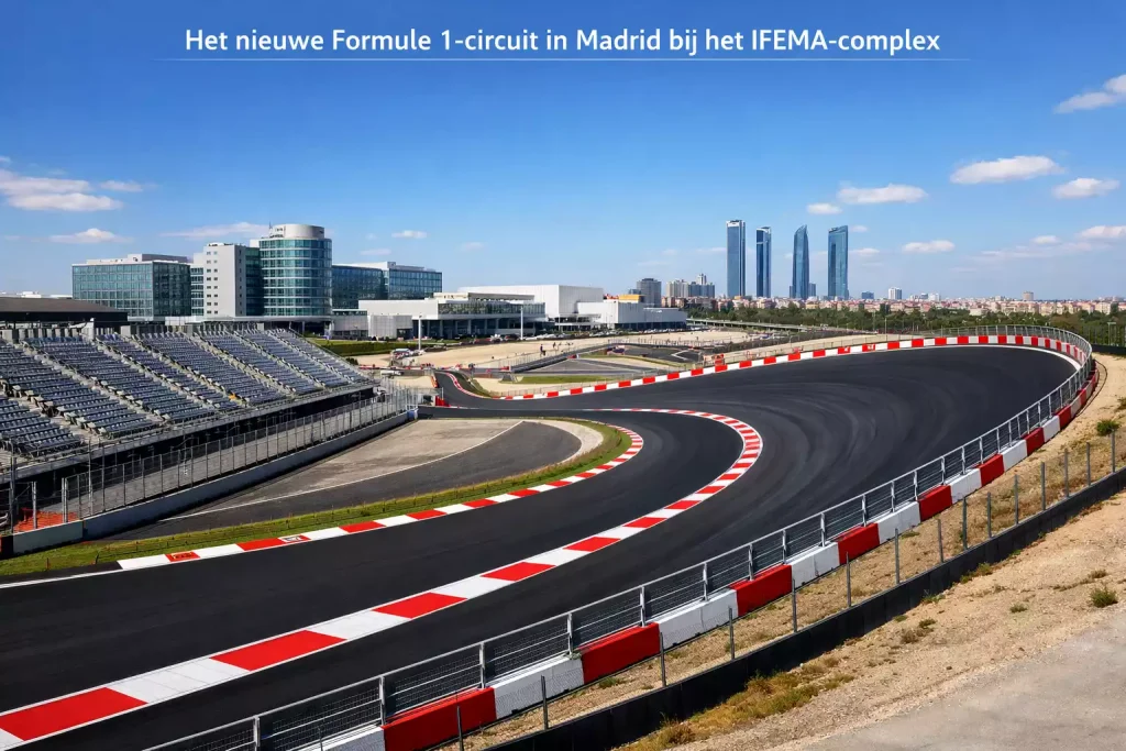 Nieuw Formule 1 circuit Madrid met IFEMA complex op achtergrond